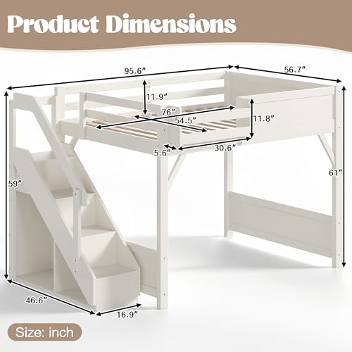 Image of KEIKI Solid Wood Full Size Loft Bed Frame with Stairs, Built-in Wardrobe and Storage Space, Full Loft Bed with Shelves, Full-Length Guardrails, No Box Spring Needed for Bedroom, Beige