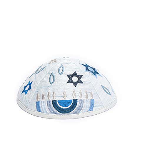 Yair Emanuel Kippah Yarmulkes & Yemenite Hat Embroidered Kippah Menorah Blue (Bundle)