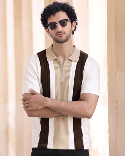 Image of AUSK Men's Zip Collar Polo Tshirt | Cotton Rich Material | Half Sleeves | Modern Knit Panel Work | Regular Fit