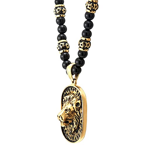 COOLSTEELANDBEYOND Gothic Style Mens Beads Necklace with Stainless Steel Lion Head Shield Pendant3