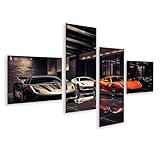 islandburner Bild auf Leinwand Drei Sportwagen in moderner Autogalerie auf Hochglanzboden Bilder Wandbilder Poster