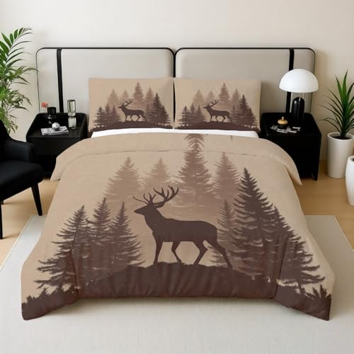 Kioldoq Parure De Lit 90x190 Enfant, Vintage Animaux Housse De Couette Fermeture Éclair, Arbre Wapiti Parure De Lit 3 Pièces, Silhouette Cerf Linge De Lit...