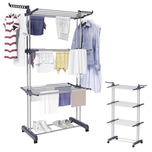 GREENSAPPIRE Wäscheständer Wäschetrockner Turm mit Rollen, Platzsparender Turm-Wäscheständer mit 6 Klappbare Flügel und 2 Drehbar Seitenflügel, Edelstahl Wäscheturm Standtrockner für Innen (Grau)