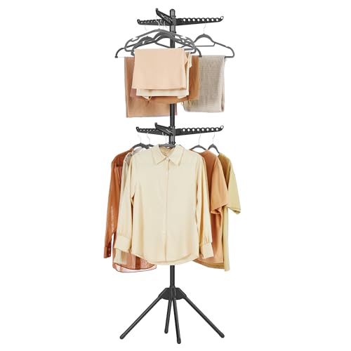 SONGMICS 2-Tier Clothes Drying Rack, 75.2-Inch Folding Laundry Drying Rack with 6 Rotatable Arms for Hangers, Stainless Steel, for 54 Pieces of Clothes, Black ULLR514B01