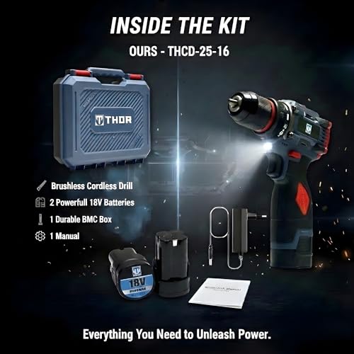 Image of THOR 18V Brushless Cordless Drill Heavy Duty | 2x 18V Batteries, 60Nm Torque, 10mm Chuck | 2-Speed (0-350 /1150 RPM), Torque Adjustment, LED | Professional Power Tool for Home /Workshop