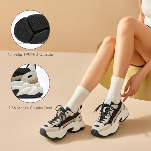 Image of BEAU TODAY Womens Chunky Sneakers, Walking Shoes for Women, Lace up Comfortable Platform Fashion Dad Sneakers Black Grey US Size 8