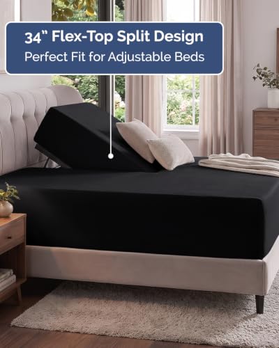 Image of Extra Deep Flex Top Split Head King Fitted Sheet - Hotel Luxury Single Fitted Sheet Only - Easily Fits 18 inch to 24 inch Mattress - Ultra Soft, Wrinkle Free w /Extra Deep Pockets - Black