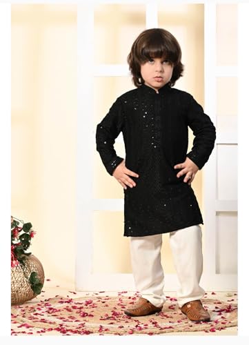 Image of Kids Traditional Black Sequined Kurta with Mandarin Collar, Cotton Blend, Ethnic Formal Wear