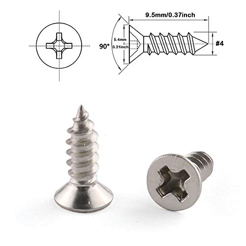 Tornillos para madera autorroscantes E-outstanding 100pcs #4 x 3/8" con cabeza avellanada plana y sistema de apriete Phillips en acero inoxidable 304 tono plateado miniatura 4