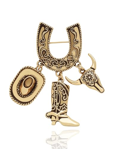 Jessica Simpson Dangle Charms Western Brooch for Women, Gold Tone-Plated Horseshoe Brooch Pin with 3 Cowgirl Charms