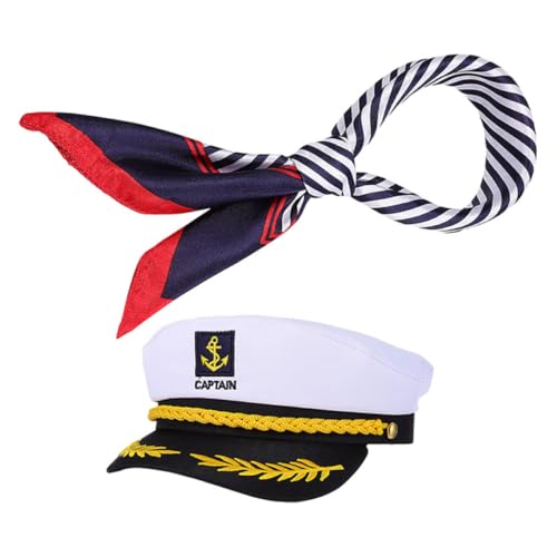 OUNONA Sombrero de Capitán Clásico para Hombre y Mujer, Conjunto Náutico Bufanda Cuadrada, Gorra de Yate Ajustable, Accesorios para Disfraces y Fiestas Temáticas Marinas