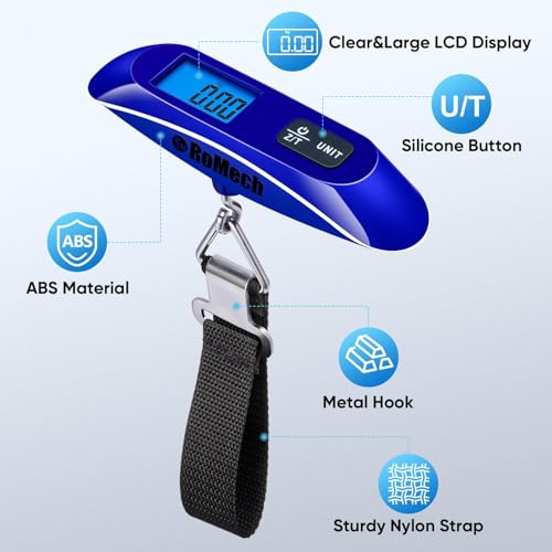 ROMECH Luggage Scale with Backlit, Portable Digital Suitcase Weight Scale, 110lbs Load with Hook, Travel Essentials for Hanging Baggage (Battery Included, Blue)2
