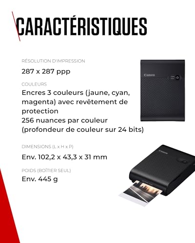 Canon SELPHY Square QX10 Imprimante Photo Portable - Tirages de Haute Qualité, Fonctionnalités Créatives - Imprimante Portable pour Le Scrapbooking & Les Albums Photo, Noir