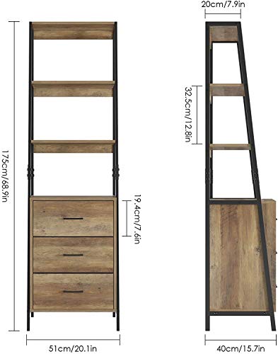 HOMECHO Storage Cabinet, Ladder Shelf with Fabric Drawers, 3 Tier Open Shelves, Accent Ladder Bookcase Bookshelf with Storage Chest, Tall Nightstand Organizer Unit for Home Office, Rustic Brown
