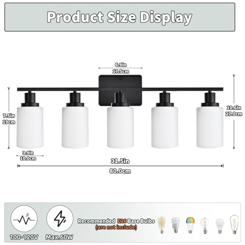 Image of LOUSACE 5 Light Matte Black Vanity Light Bathroom Lighting Fixtures Over Mirror with Opal White Frosted Glass Shade, Vanity Light Fixtures for Bathroom Bedroom Living Room