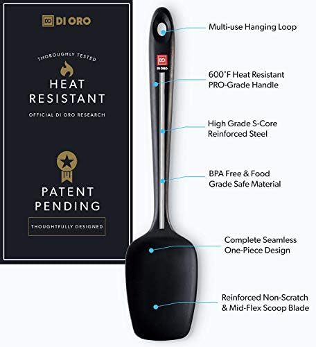 DI ORO® - Silicone Spoon - 315 ºC Heat-Resistant Spatula - Seamless Design - Pro-Grade Non-Stick Silicone Rubber with Reinforced Stainless Steel S-Core Technology (Black Spoonula)