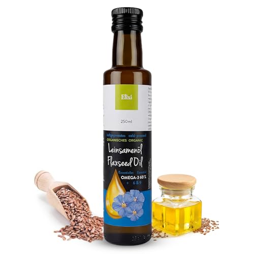 Elixi Aceite de Linaza Ecológico Prensado en Frío 250 ml, Aceite Rico en Omega 3 con 59% ALA, Vegano, Procedente de Finlandia, Omega 3-6-9, Puro y Natural, Sin Aditivos