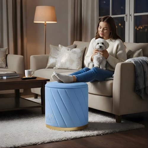 Image of Luxury Round Velvet Ottoman Stool with Gold Base - Modern Upholstered Footrest Pouffe, Tufted Vanity Seat, Living Room Bedroom Dressing Stool (Sky Blue)