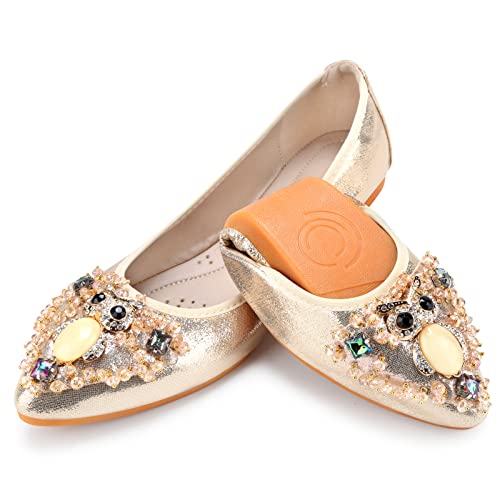 KUNWFNIX Women's Ballet Flats Foldable Classic Crown Rhinestone Slip On Flowers PU Leather Pointed Toe Comfort Flat Casual Dress Shoes 6 #03-gold