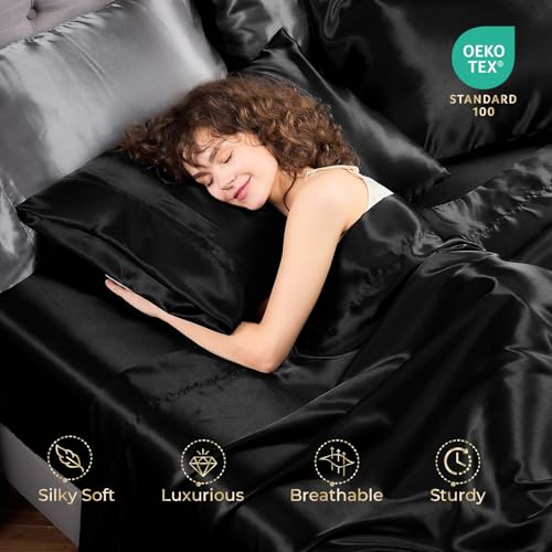 Sasttie Satin Sheets Queen Size - 4 Pieces Luxury Soft Black Silky Bed Sheets Set with Pillowcases - Smooth Silk-Like Satin Fabric, Reinforced 14 Inches Pocket, Oeko-Tex Certified - Image 3