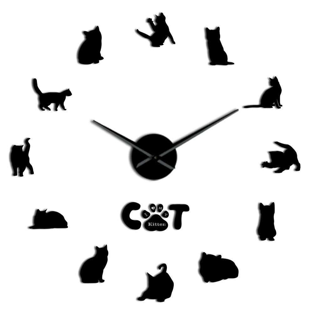 Horloge murale 3D chat acrylique noir grand format 68cm montre murale adhésive