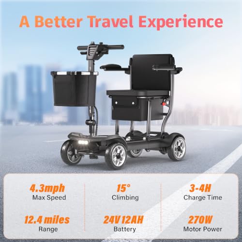 Image of 43lb Lightweight Mobility Scooter for Seniors - Airline & Cruise Approved | Foldable Portable Travel Motorized Scooters for Adults Elderly 4 Wheel with Removable Battery, 12.4MI, 300lb Capacity, Black