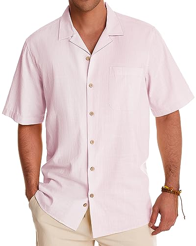 Alimens & Gentle Short Sleeve Button Down Shirts Linen Shirts for Men Cotton Summer Beach Cuban Shirts Vacation Hawaiian Shirts Pale Pink