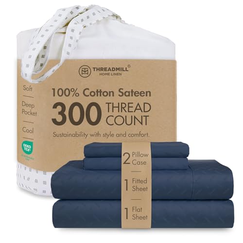 Image of Threadmill 300 Thread Count Cotton King Sheet Set, Sateen, Jacquard, Blue | 100% Cotton, Sateen Weave, Jacquard Pattern, 4-Piece Set, 16 inch Deep Pocket, Breathable, All-Season, Lightweight