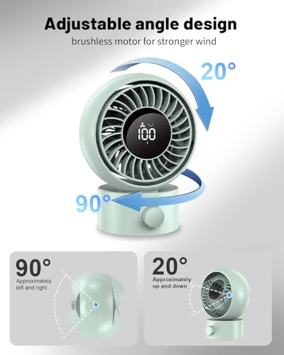 Image of Aluan 7-Inch Portable Rechargeable Fan, Table Fan with 90 Oscillation, 10 Speed Settings, Quiet Airflow & Battery Indicator for Home, Desk & Travel