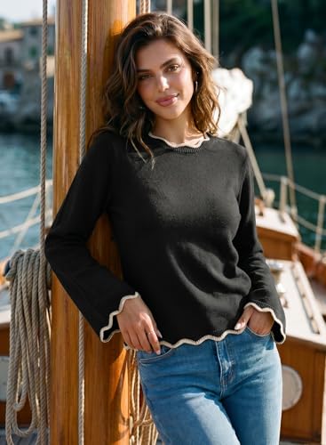 Dokotoo Sweaters for Women Long Sleeve Back Bow Sweaters Round Neck Ruffle 2026 Fall Outfits Color Block Pullover Tops Casual Business Winter Blouse Knit Lightweight Pullover Sweaters Black S — view 3