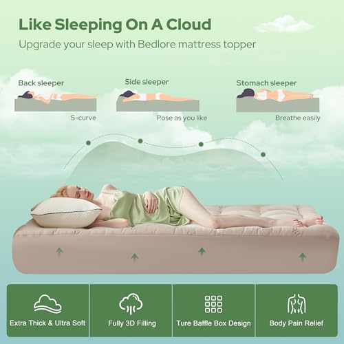 Image of BEDLORE Queen Mattress Topper , Thick Pillow Top Mattress Pad | Stretchable Pockets Fit 6 inch-18 inch Mattress, Soft Breathable Mattress Topper for Back Pain Relief and Hot Sleepers(Beige)