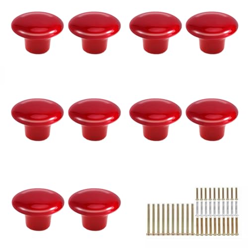 MayGreeny 10 Pièces Bouton de Meuble en Céramique Ronde 32mm - Boutons de Portes pour Placards - Poignee De Meuble Cuisine avec 4 Tailles de Vis, Rouge