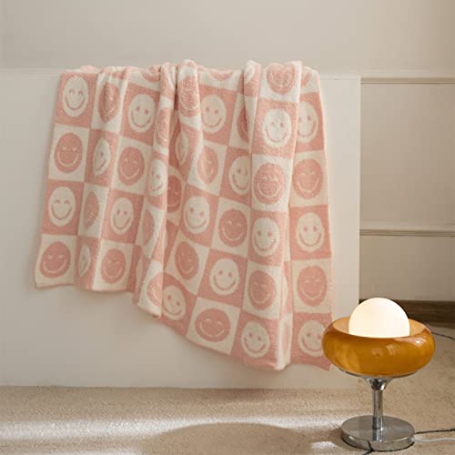 Yiruio Smiley Face Checkerboard Throw Blankets Checkered Reversible Microfiber Super Soft Warm Cozy Fluffy Shaggy Blanket For Home Office Couch Bed Sofa Decor (Soft Pink, 63" L X 51" W) #TOP1