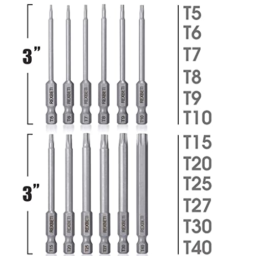 Rexbeti 12 Piece Torx Head Screwdriver Bit Set, 1/4 Inch Hex Shank S2 Steel Magnetic 3 Inch Long Drill Bits, T5-T40 (Torx Head) #TOP2