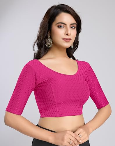 Image of TRENDMALLS Women's Dobby Pure Cotton Elastin Stretchable Readymade Round Neck Elbow Length Sleeves Blouse Choli Stylish Saree Blouse Ready to Wear
