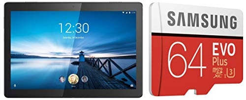 Image of Lenovo Tab M10 Tablet (10.1 inch, 32GB, Wi-Fi + 4G LTE), Slate Black + Samsung 64GB EVO Plus Memory Card Combo