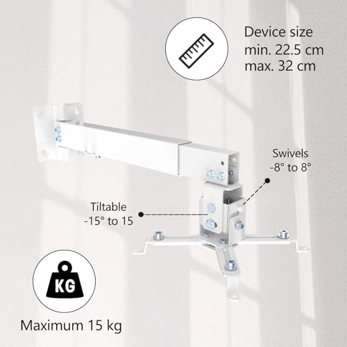 Janety Uniwersalny uchwyt sufitowy do projektora, regulowany w zakresie od -15° do 360°, regulacja wysokości, obciążenie do 15 kg, do salonu, kina domowego, sali konferencyjnej, biały