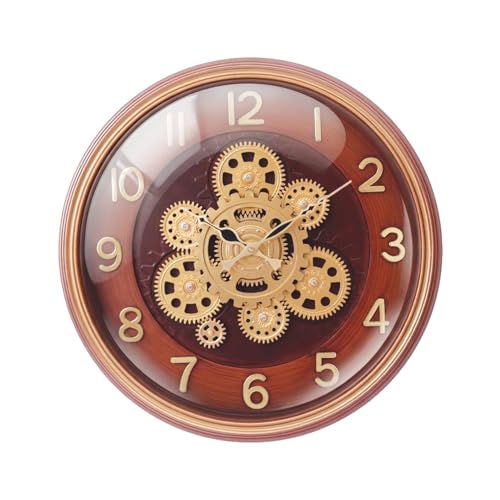 Image of HARDSTONE 16-Inch Moving Gear Wall Clock with Real Rotating Gears, Elegant Wooden Look Finish, Brown, Vintage Decor for Living Room & Office, Battery Operated Large Display
