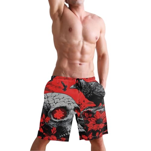 Men Swim Trunks-Gothic Skull Crow, Beach Shorts with Inner Lining Quick Dry Board Shorts S4