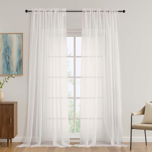 Image of OVZME Ivory Bedroom Curtains 96 Length for Farmhouse, 59 Inch Extra Wide Light Filtering Voile Drapes Light Airy Window Decor for Patio Door Living Room Bedroom Dining, 59Wx96L Inches
