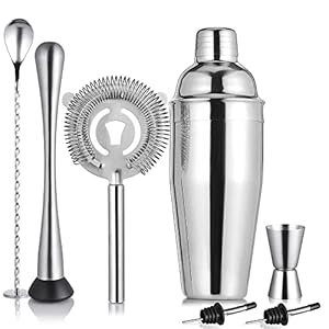 Cocktail Shaker Set Stainless Steel & Bar Set, Bartender Kit Mixology Drink Mixer, Bartending Tools Gifts: Martini Shaker 24oz, Muddler, Strainer, Measuring Jigger, Alcohol Pourer, Mixing Spoon