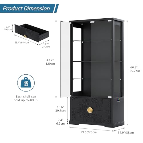 Image of TAGELIER Display Cabinet with Glass Doors and RGB LED Lights, 2 Drawers