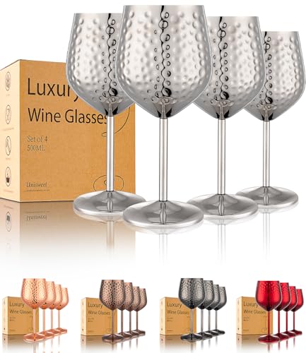 UNISWEET Stainless Steel Wine Glasses-18 oz Unbreakable Hammer point Wine Goblets, Elegant Unique Metal Wine Glass for Outdoor, Travel, Camping, Pool,Gift for Wine Lovers (Set of 4) (Silver)