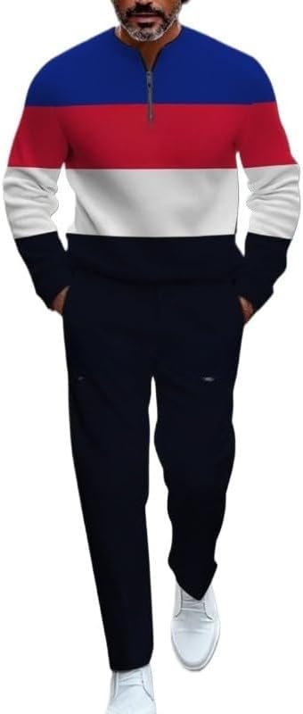 Men's 2-piece casual wear long sleeved shirt pants color blocked round neck sportswear jogging two-piece set