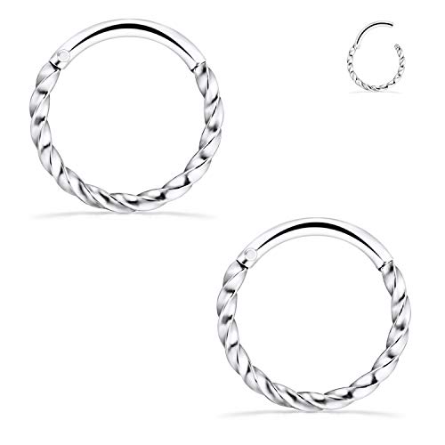 SCERRING 2PCS 16G Stainless Steel Hinged Clicker Segment Septum Nose Lip Ring Hoop Cartilage Tragus Sleeper Earrings Body Piercing Jewelry Braided 10mm Silver