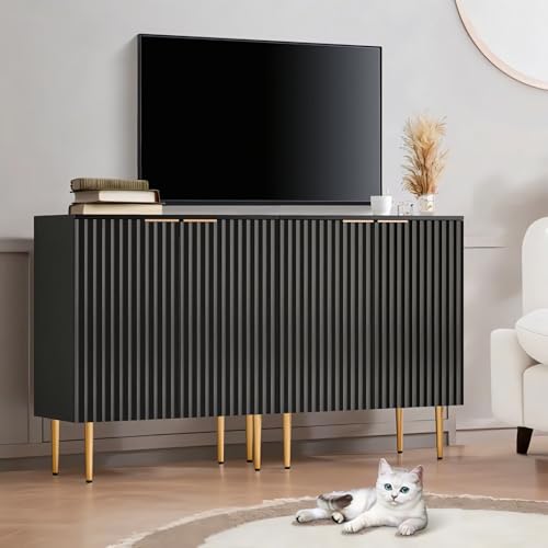 Image of Floated Panel Wooden Sideboard Cabinet | 2 Door Storage Unit with Metal Legs | Premium HDMR Wood Console Cabinet for Living Room, Kitchen & Dining | DIY Leg Assembly | Black