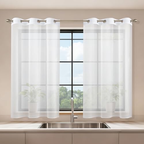 Runyéla Rideaux Voilages Blancs 90x120, Lot de 2 Voilage Fenêtre Rideau Court Transparent à Oeillet, Moderne Décoration Intérieure pour Salon Chambre Cuisine Baie...