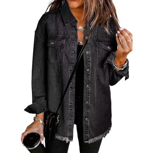 Expectatioin Denim Jacket, Jean Jacket Ripped Fringe, Shackets for Women 2025, Oversized Button down Casual Jean Shacket