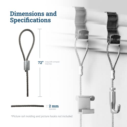 Image of Loop Hanging Steel Cables 72-inch - Supports 25 lbs - 5 Pack - Stainless Steel Braided Picture Hanging Cord for Picture Rail System