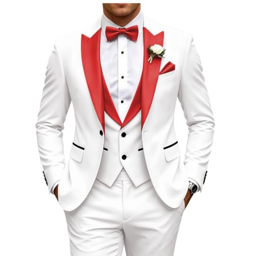 Men Wedding Tuxedo, 3 Piece Slim Fit Satin Collar One Button Tuxedo Jacket Vest Pants Set, Formal Suit for Groom Prom Party Dinner Business Occasions White Red M
